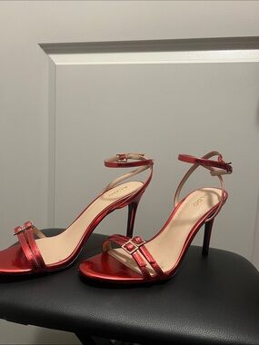 Aldo Metallic Red Ankle-Strap Stiletto Sandals